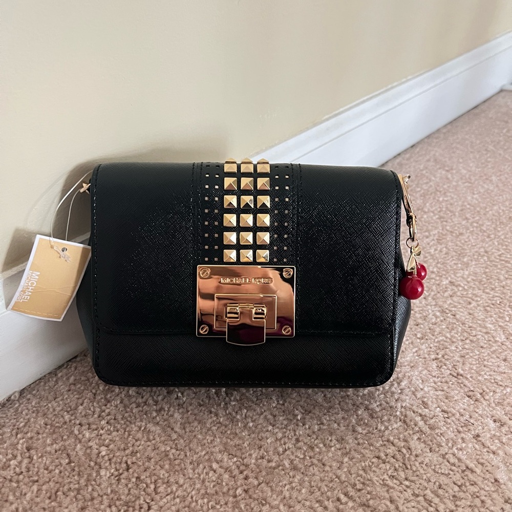 NWT Michael Kors Small Tina Clutch Crossbody With Gold Studs In Black